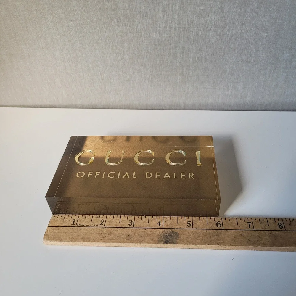 Gucci Official Dealer Lucite Logo Sign Gold Acrylic Display Block Boutique Decor